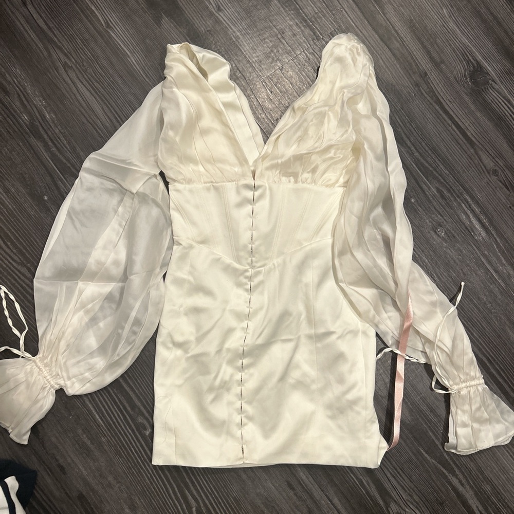 Elegant White Satin Blouse with Sheer Sleeves